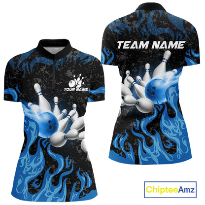 Blue Flaming Bowling Jersey For Women Custom Fire Bowling Pin Team Jersey Polo & Quarter Zip Shirts TDM6267