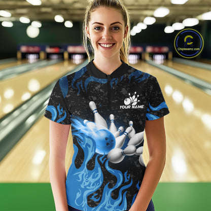 Blue Flaming Bowling Jersey For Women Custom Fire Bowling Pin Team Jersey Polo & Quarter Zip Shirts TDM6267