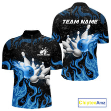 Load image into Gallery viewer, Blue Flaming Bowling Jersey For Men Custom Fire Bowling Pin Team Jersey Polo &amp; Quarter Zip Shirts TDM6267