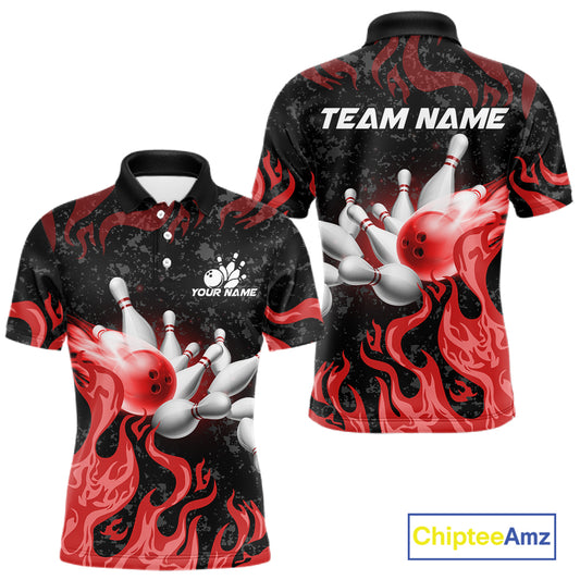 Red Flaming Bowling Jersey For Men Custom Fire Bowling Pin Team Jersey Polo & Quarter Zip Shirts TDM6268