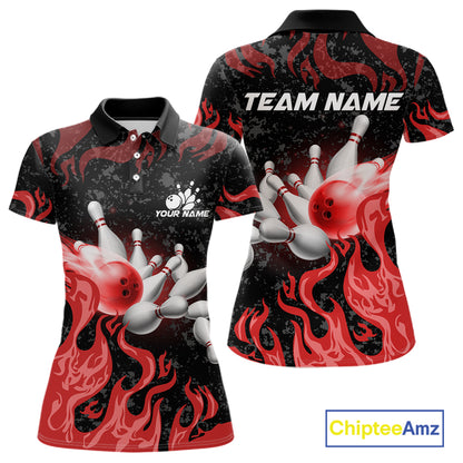 Red Flaming Bowling Jersey For Women Custom Fire Bowling Pin Team Jersey Polo & Quarter Zip Shirts TDM6268
