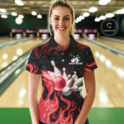 Red Flaming Bowling Jersey For Women Custom Fire Bowling Pin Team Jersey Polo & Quarter Zip Shirts TDM6268