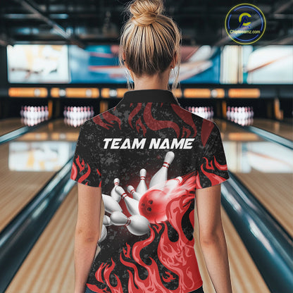 Red Flaming Bowling Jersey For Women Custom Fire Bowling Pin Team Jersey Polo & Quarter Zip Shirts TDM6268