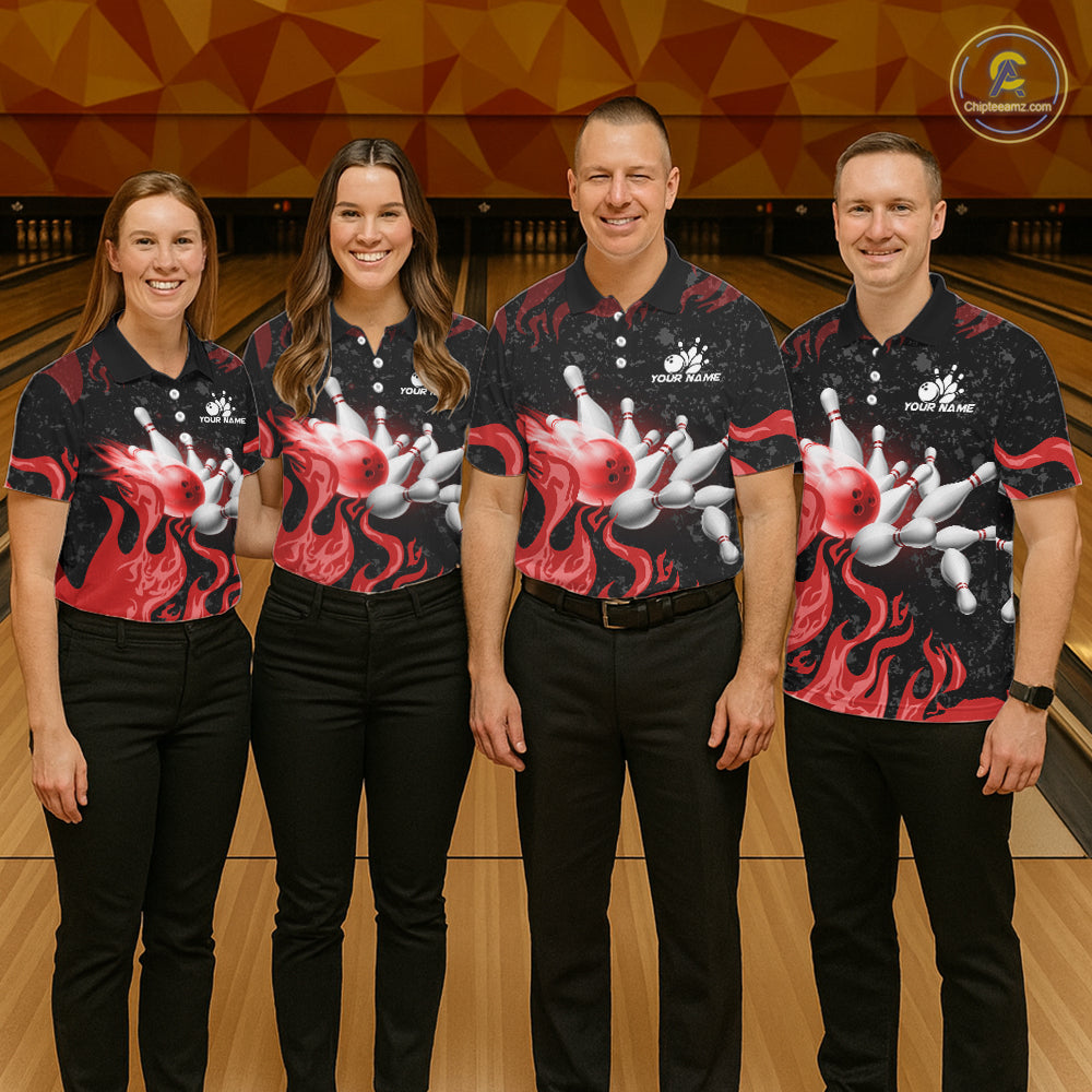 Red Flaming Bowling Jersey For Men Custom Fire Bowling Pin Team Jersey Polo & Quarter Zip Shirts TDM6268