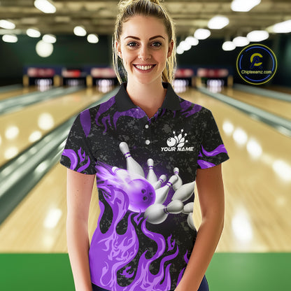 Purple Flaming Bowling Jersey For Women Custom Fire Bowling Pin Team Jersey Polo & Quarter Zip TDM6269