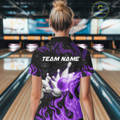 Purple Flaming Bowling Jersey For Women Custom Fire Bowling Pin Team Jersey Polo & Quarter Zip TDM6269