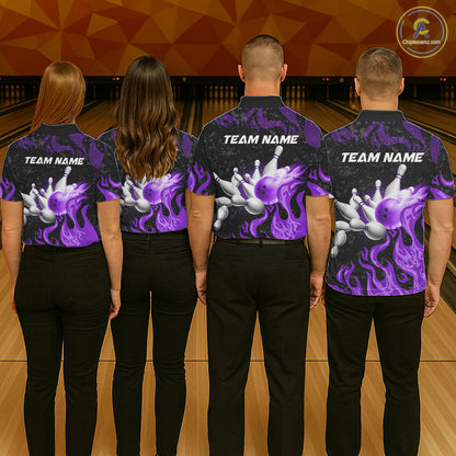 Purple Flaming Bowling Jersey For Women Custom Fire Bowling Pin Team Jersey Polo & Quarter Zip TDM6269