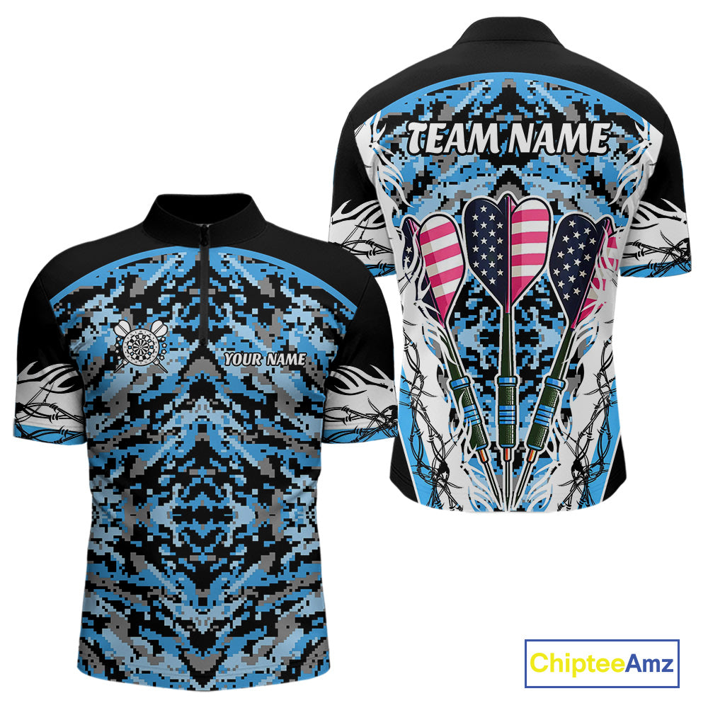 Blue Grunge Camo Funny US Flag Arrows Darts Shirt For Men Custom Darts Jersey Team Shirts TDM4524