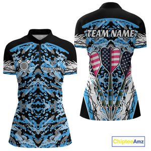 Blue Grunge Camo Funny US Flag Arrows Darts Shirt For Women Custom Darts Jersey Team Shirts TDM4524