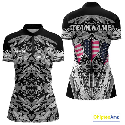 White Black Grunge Camo Funny US Flag Arrows Darts Shirt For Women Custom Darts Jersey Team Shirts TDM4525