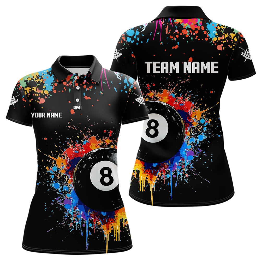 Funny 8 Ball Pool Colorful Paint Splash Custom Billiard Shirt For Women, Billiard Team Jersey | Black TDM3377