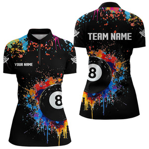 Funny 8 Ball Pool Colorful Paint Splash Custom Billiard Shirt For Women, Billiard Team Jersey | Black TDM3377