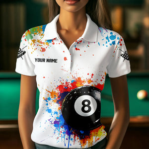 Funny 8 Ball Pool Colorful Paint Splash Custom Billiard Shirt For Women, Billiard Team Jersey | Black TDM3378