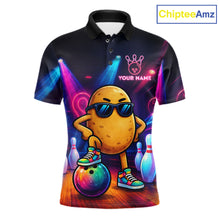Load image into Gallery viewer, Personalized funny potato neon bowling team jersey polo shirt for men featuring a colorful neon potato character design, premium custom bowling league apparel, perfect bowling gifts for tournaments and league play.