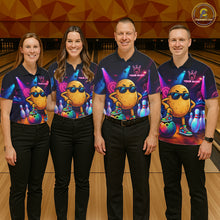 Load image into Gallery viewer, Bowling team wearing matching personalized funny potato neon bowling team jerseys featuring vibrant neon potato graphics, front view.