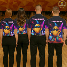 Load image into Gallery viewer, Bowling team wearing matching personalized funny potato neon bowling team jerseys featuring vibrant neon potato graphics, back view.