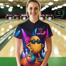 Load image into Gallery viewer, Woman wearing personalized funny potato neon bowling team jersey polo shirt featuring colorful neon potato artwork, back view.
