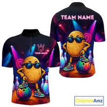 Load image into Gallery viewer, Personalized funny potato neon bowling team jersey quarter zip shirt for men featuring vibrant neon potato artwork, premium custom bowling league apparel for competitive bowlers.