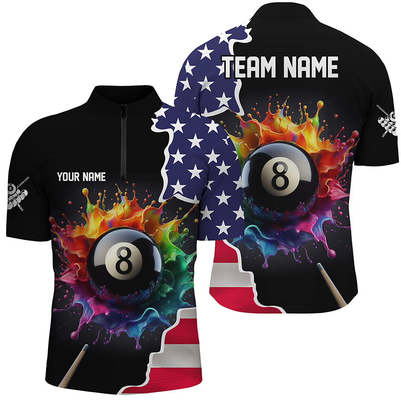 Colorful Paint 8 Ball Pool Custom USA Flag Men Billiard Quarter-Zip Shirt Billiard Apparel TDM1065