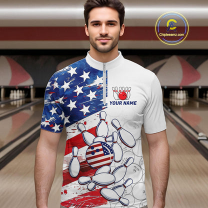 American Flag Patriotic Bowling Shirt For Men Custom Bowling Polo & Quarter Zip Team Shirts TDM6276