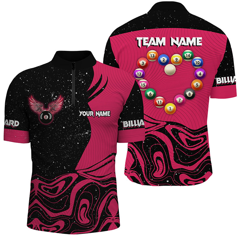Personalized Funny Billiard Balls Heart Custom Men Polo & Quarter-Zip Shirts, Pink Billiard Jerseys TDM1767