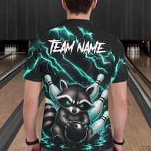 Load image into Gallery viewer, Back view of man wearing a turquoise neon lightning raccoon bowling polo shirt inside a bowling alley.