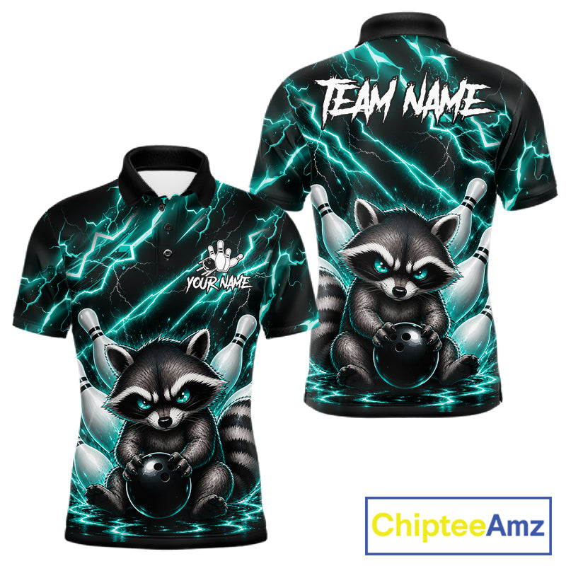 Turquoise neon lightning raccoon bowling polo shirt for men with custom bowling team graphics.