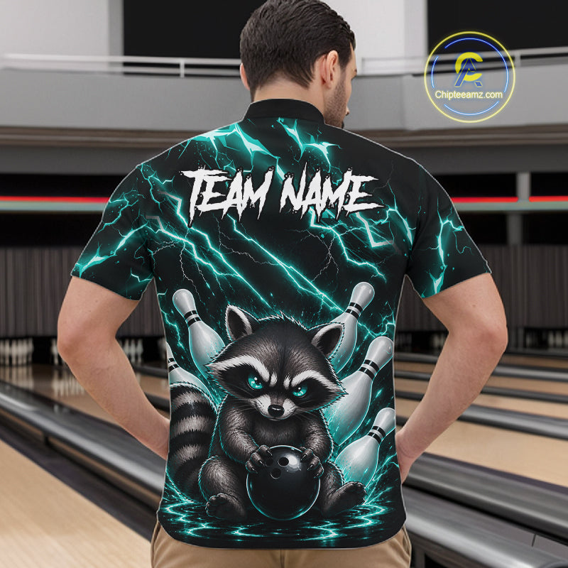Back view of man wearing a turquoise neon lightning raccoon bowling quarter zip shirt in a bowling alley.