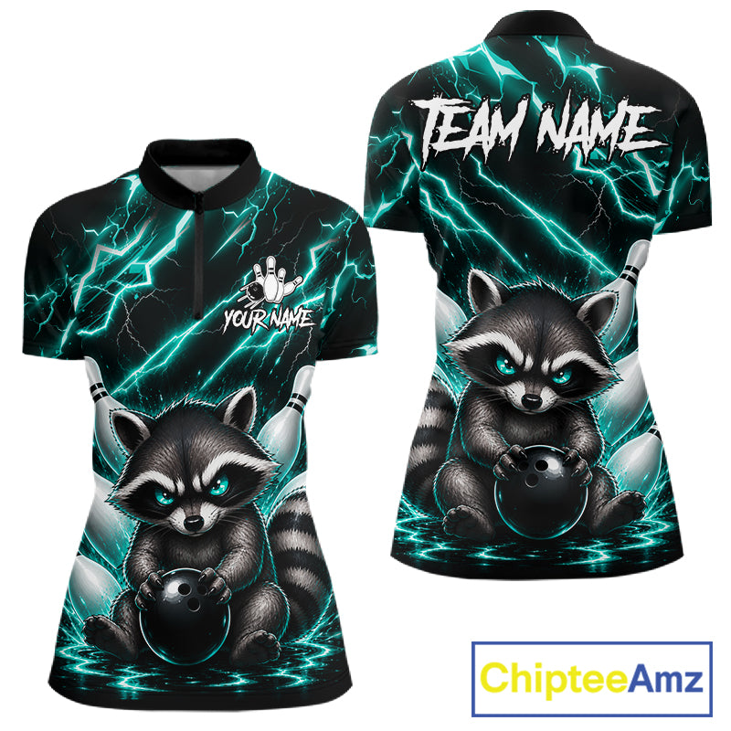Turquoise neon lightning raccoon bowling quarter zip shirt for women built for league play and tournaments.