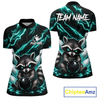 Turquoise neon lightning raccoon bowling quarter zip shirt for women built for league play and tournaments.