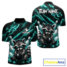 Load image into Gallery viewer, Turquoise neon lightning raccoon bowling quarter zip shirt for men built for league play and tournaments.