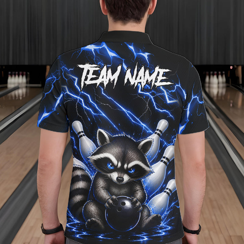 Back view of man wearing a blue neon lightning raccoon bowling polo shirt inside a bowling alley.