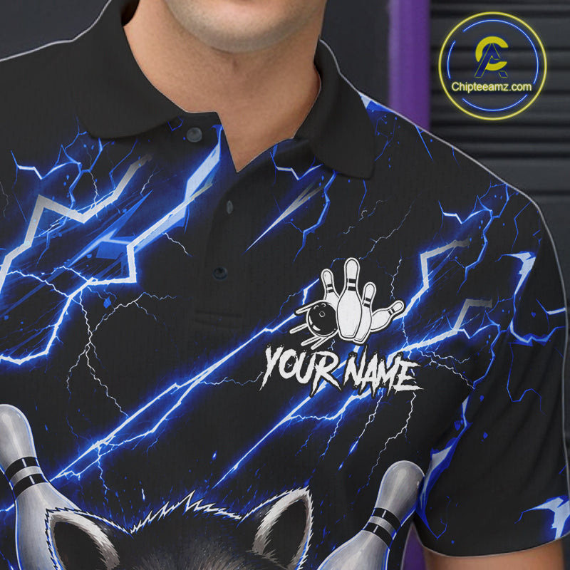 Close-up of a blue neon raccoon bowling polo shirt collar, buttons, and lightning artwork.