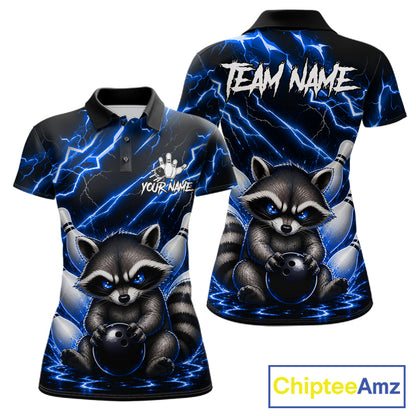 Blue neon lightning raccoon bowling polo shirt for women with custom bowling team graphics.