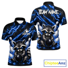 Load image into Gallery viewer, Blue neon lightning raccoon bowling polo shirt for men with custom bowling team graphics.