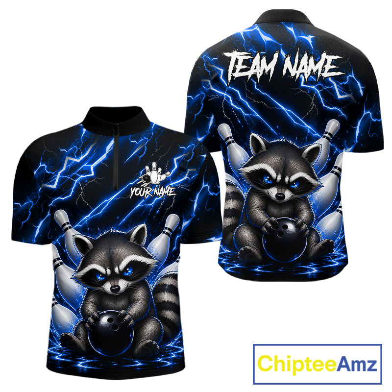 Blue neon lightning raccoon bowling quarter zip shirt for men designed for league tournaments and team events.