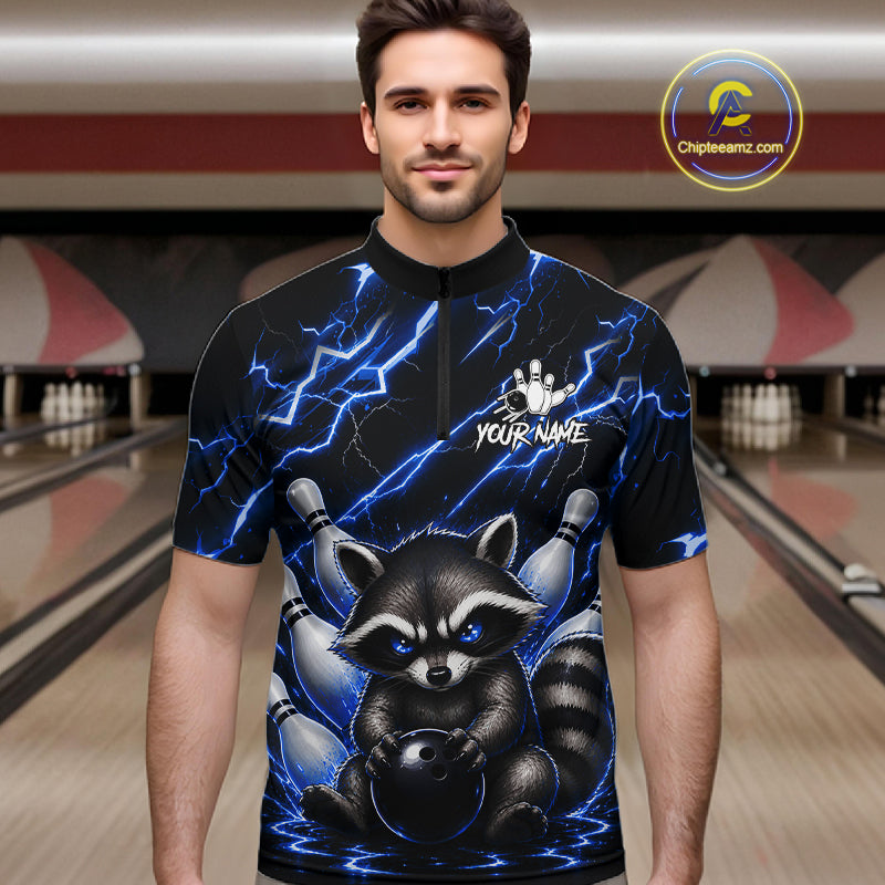 Man wearing a blue neon lightning raccoon bowling quarter zip jersey during league competition front view.