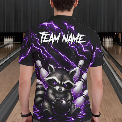 Back view of man wearing a purple neon lightning raccoon bowling polo shirt inside a bowling alley.