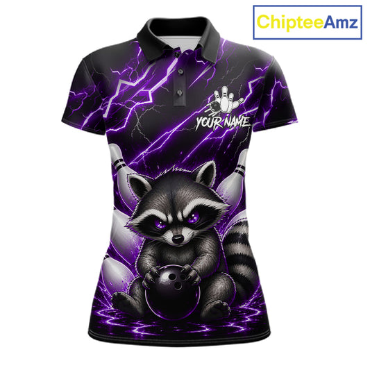 Purple neon lightning raccoon bowling polo shirt for women with custom bowling team graphics.
