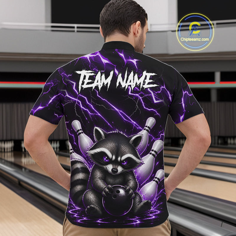 Back view of man wearing a purple neon lightning raccoon bowling quarter zip shirt in a bowling alley.
