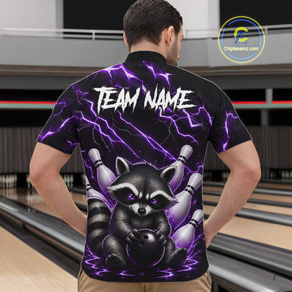 Back view of man wearing a purple neon lightning raccoon bowling quarter zip shirt in a bowling alley.