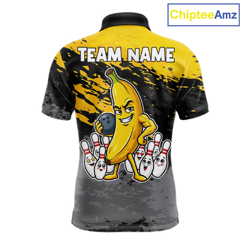 Yellow funny banana grunge bowling polo shirt for men with custom team graphics.