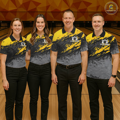 Bowling team wearing matching yellow funny banana bowling jerseys during tournament matches front view.