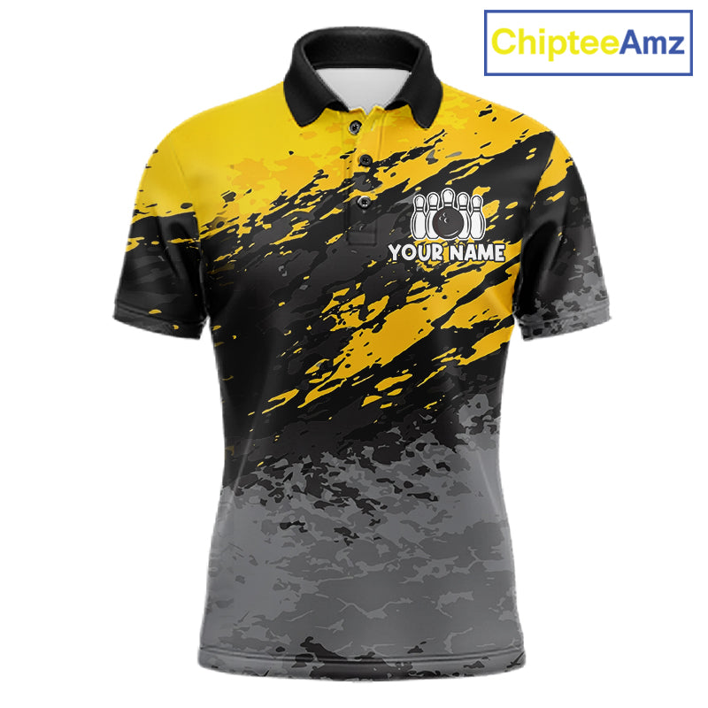 Yellow funny banana grunge bowling polo shirt for men with custom team graphics.