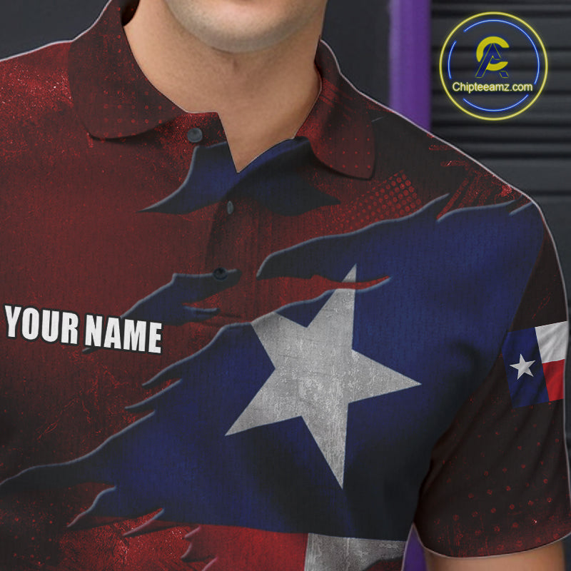 Close-up of a retro Texas flag bowling polo shirt collar, buttons, and vintage flag artwork.