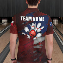 Load image into Gallery viewer, Back view of man wearing a retro Texas flag bowling polo shirt inside a bowling alley.