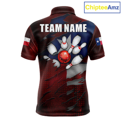 Retro Texas flag bowling polo shirt for men with custom bowling team graphics.