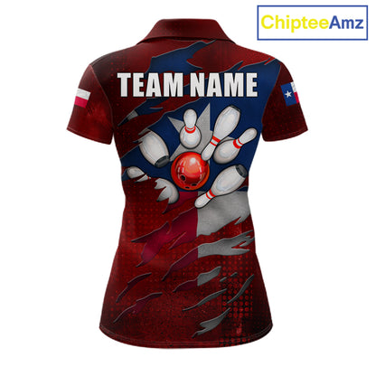 Retro Texas flag bowling polo shirt for women with custom bowling team graphics.