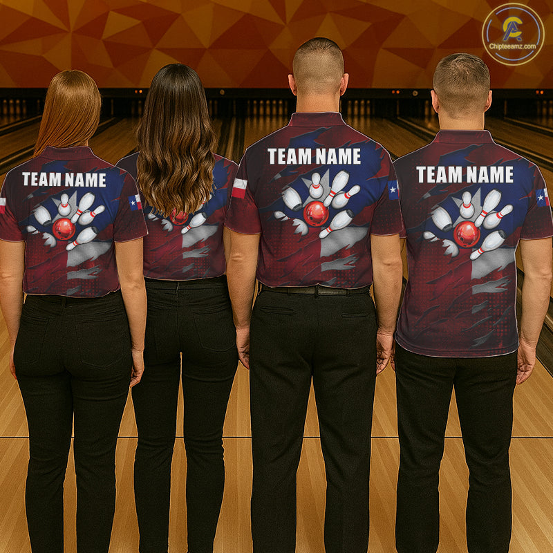 Back view of bowling team wearing matching Texas bowling shirts in a bowling alley.