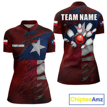 Load image into Gallery viewer, Retro Texas flag bowling quarter zip shirt for women designed for tournaments and league play.
